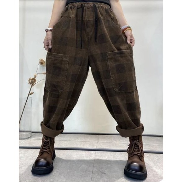 Buykud Pants - BUYKUD Corduroy Pants Women M Brown NWT Checkered Lagenlook Tapered Drawstring